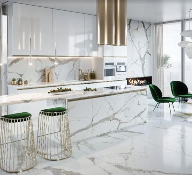 Luxury Transitional Style Kitchen for a High-Rise Building in Beverly Hills, CA. This kitchen has been meticulously designed, featuring the latest appliances and large-format porcelain slabs