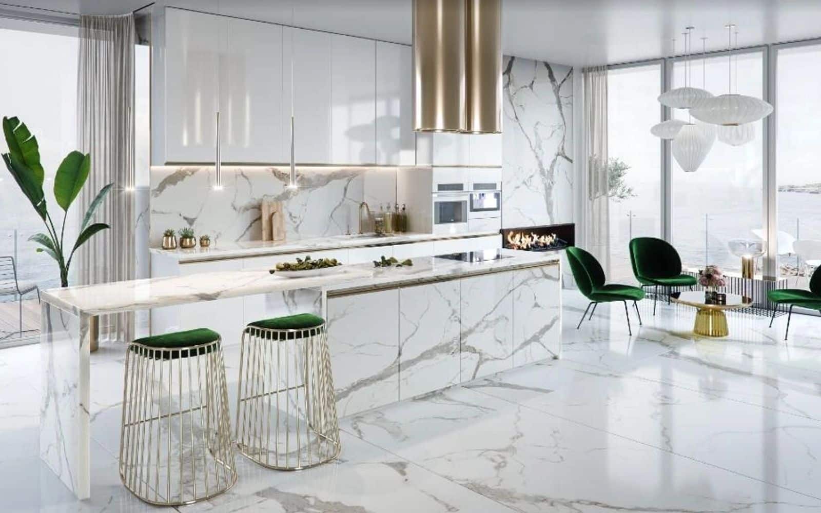 Luxury Transitional Style Kitchen for a High-Rise Building in Beverly Hills, CA. This kitchen has been meticulously designed, featuring the latest appliances and large-format porcelain slabs