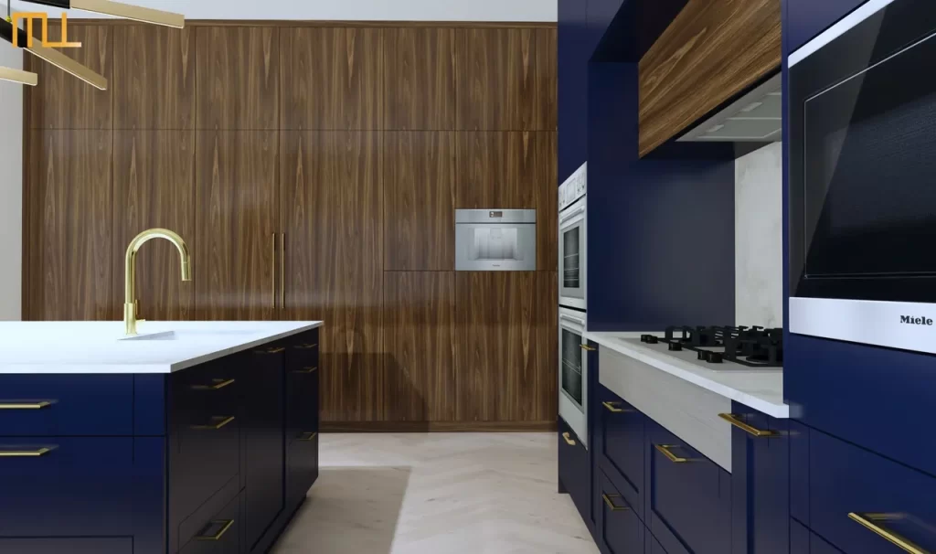A kitchen with wood paneling and blue cabinets.
