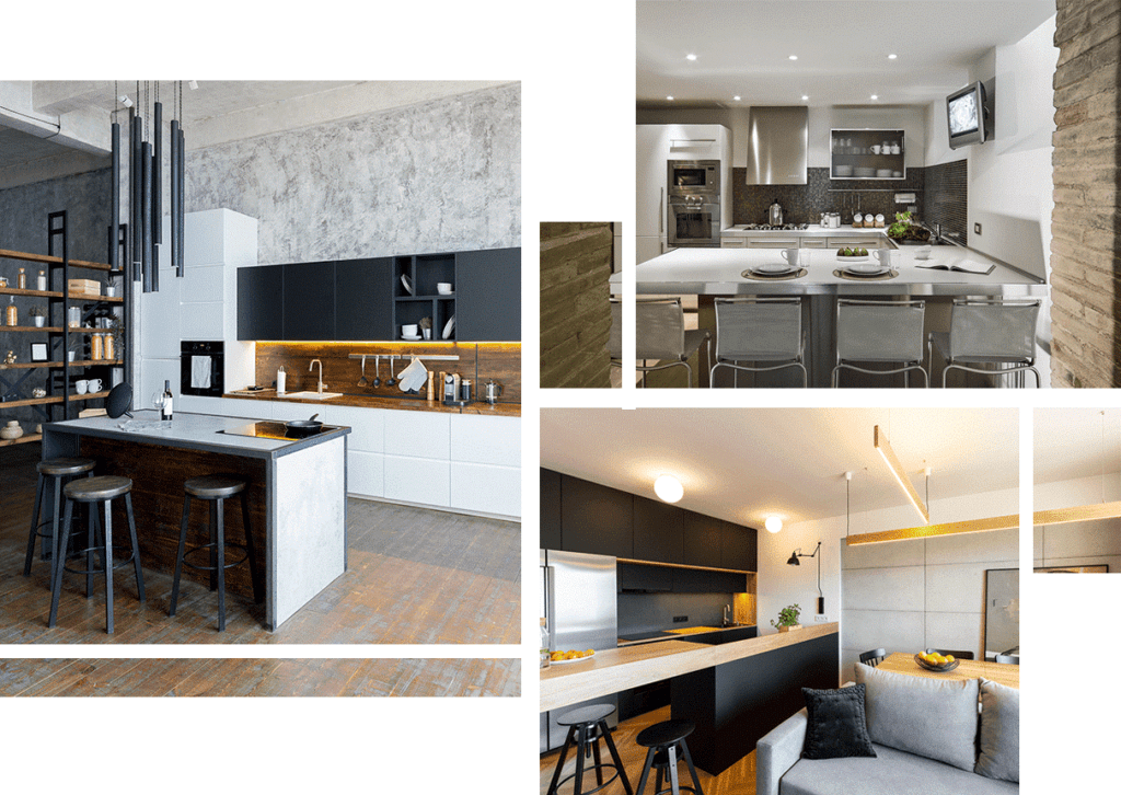 A collage of different pictures with some modern kitchen designs.