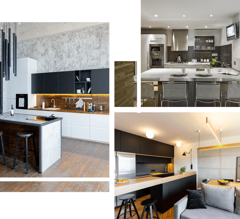 A collage of different pictures with some modern kitchen designs.