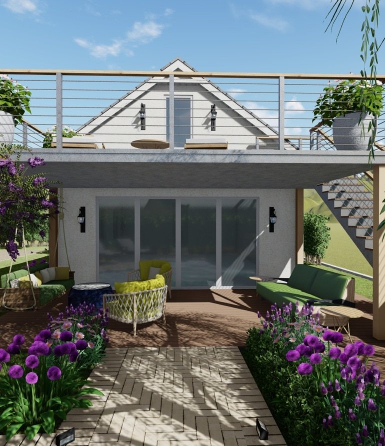 Highlighting the ADU as a guest accommodation, featuring a vibrant garden and a walkway to the pool