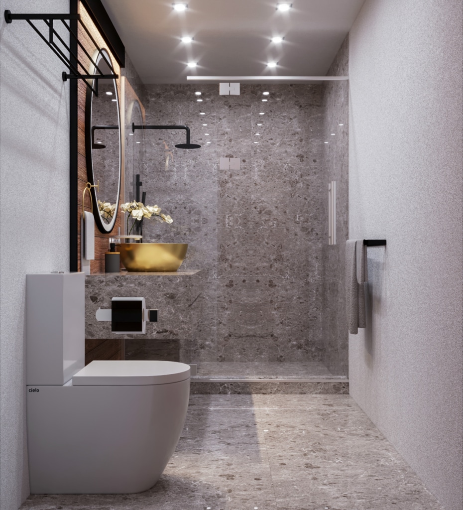 Poolside Bathroom Design Showcasing Large Format Porcelain Tiles with an Organic Aesthetic