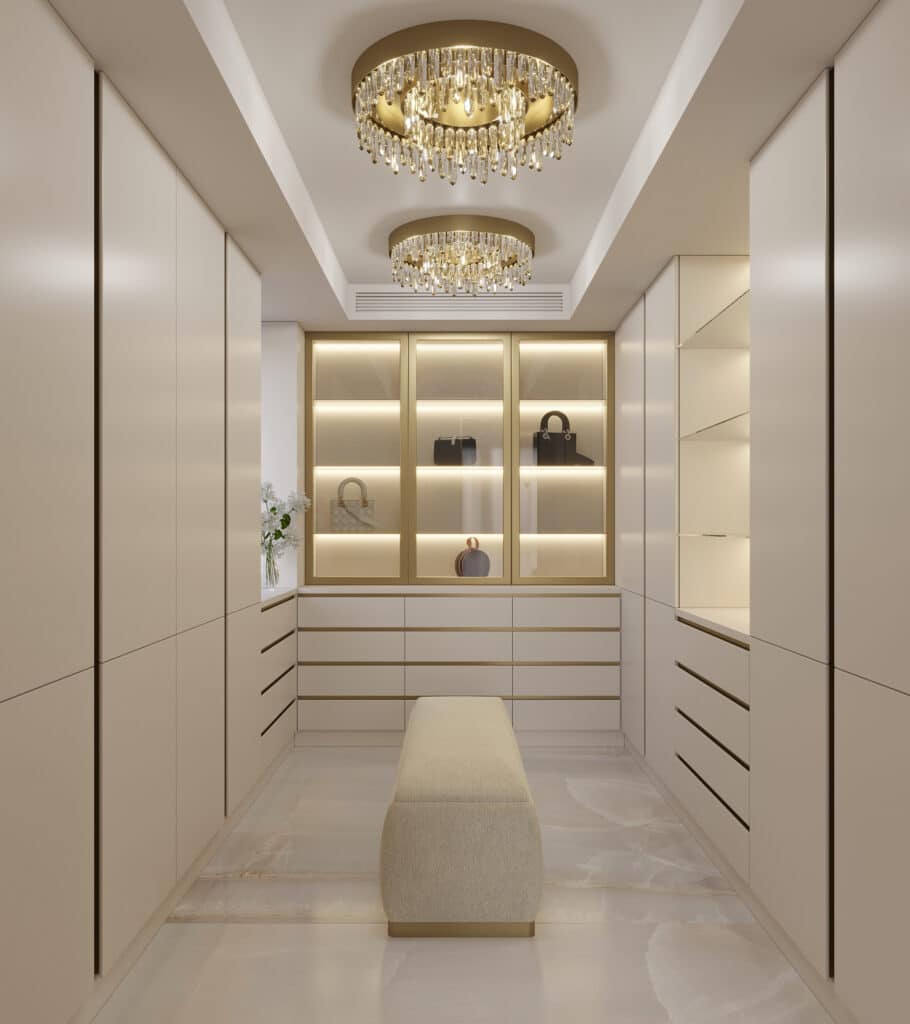 The master bedroom is beautiful. It has a shiny white closet. The closet has special storage for purses and shoes. This adds style and practicality to the room