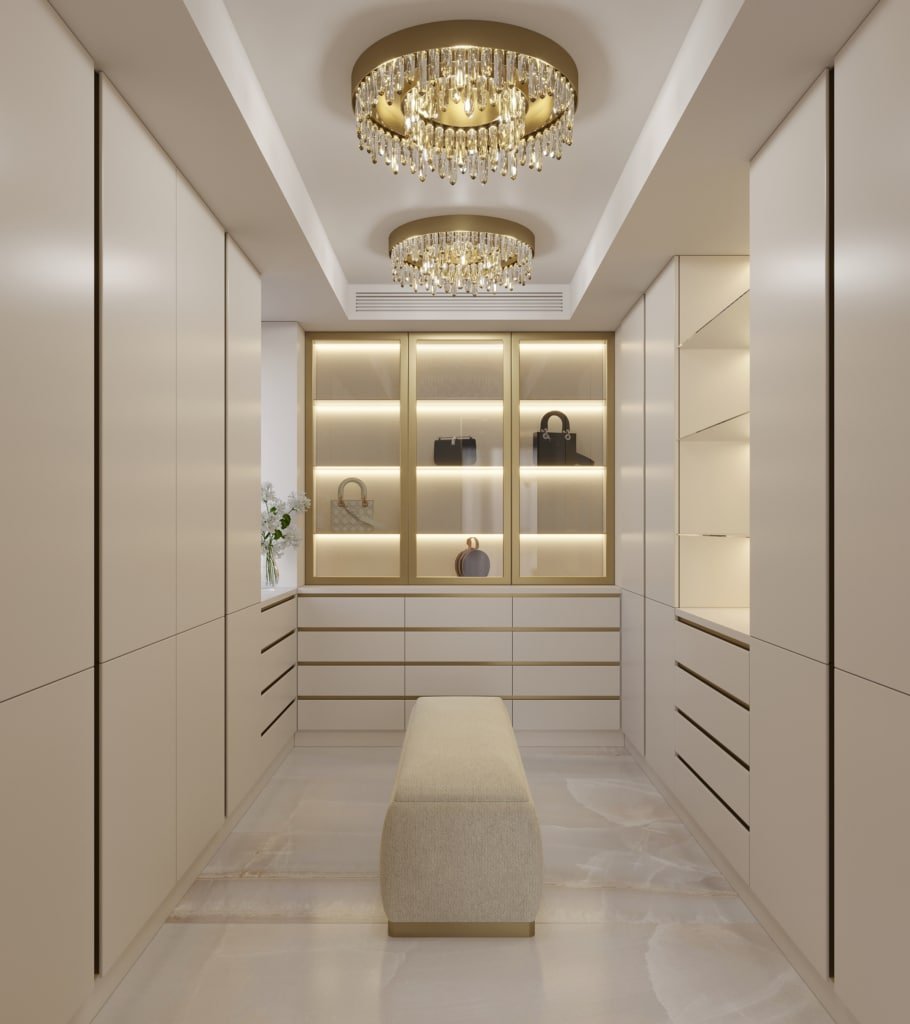 The master closet for her, seamlessly integrated with the master bathroom, stands as a grand walk-in closet featuring opulent interiors and exquisite details.