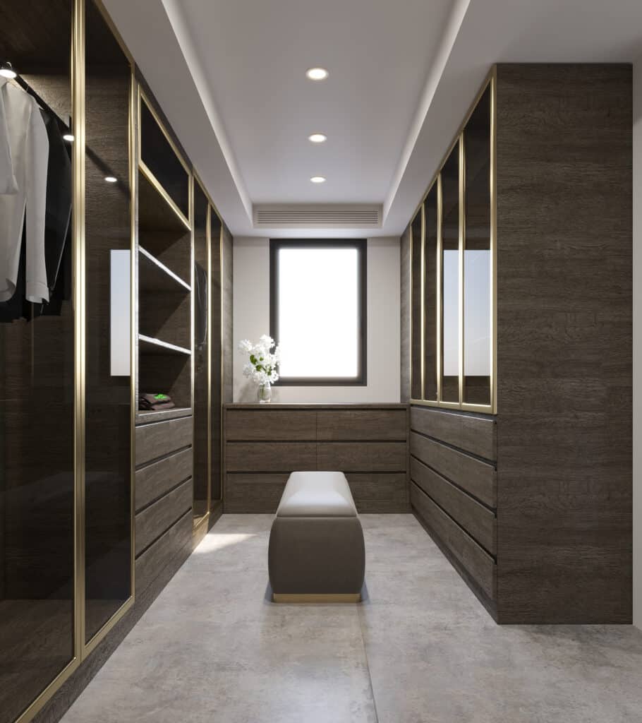 Luxury Master Closet for Him featuring natural wood veneer and the Optima storage solution