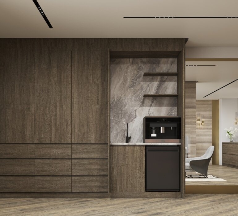 The closet features a coffee station with a small under-counter beverage refrigerator. This modern closet includes a spacious linen closet, all adorned with a natural walnut veneer finish, adding a touch of luxury and sophistication.