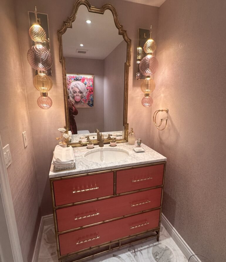 Powder Room Design Featuring Wallpaper, Hand-Blown Venetian Murano Glass, and THG Fixtures