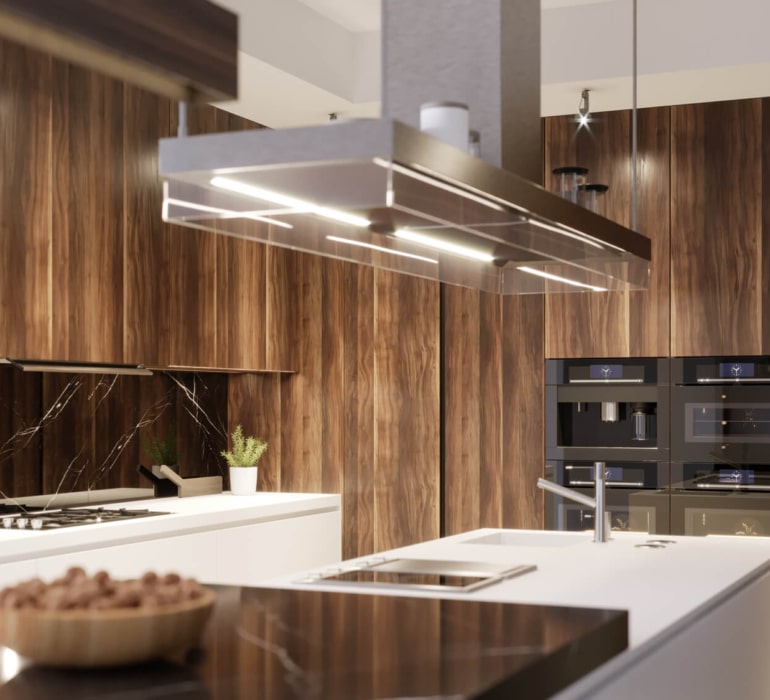 Stunning modern kitchen design featuring elegant natural walnut wood veneer cabinets that exude sophistication and luxury. This sleek space combines functionality with high-end aesthetics, creating an inviting atmosphere perfect for culinary creativity and entertaining guests.