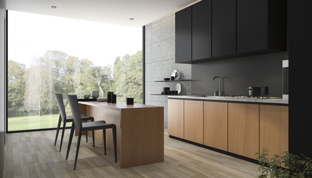 The modern kitchen design showcases a striking combination of black elements and natural wood tones.