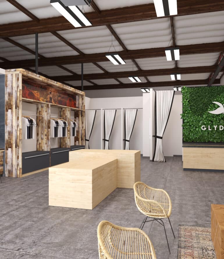 The Glyder yoga store is designed as a yoga clothing distribution center, showcasing the latest collections for vendors and casual visitors. The integrated coffee shop offers a welcoming space for customers to gather and enjoy refreshments while shopping.