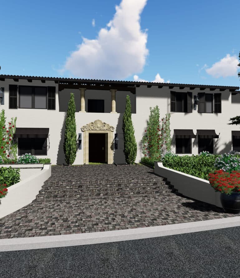 Grand estate facade with Baroque architectural details | Karamia Designs