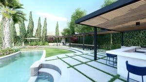 The grand backyard, featuring a large swimming pool, offers a cozy lounge area with a freestanding fireplace and dedicated sunbathing spaces for relaxation after a swim. A private poolside access enhances the tranquil experience. A spacious dining table is ideal for family gatherings, while the well-equipped BBQ area includes a grill, tandoori oven, and pizza oven for versatile cooking. The entertainment bar area, complete with a large screen, adds a sports bar vibe, perfect for hosting and enjoying outdoor leisure.