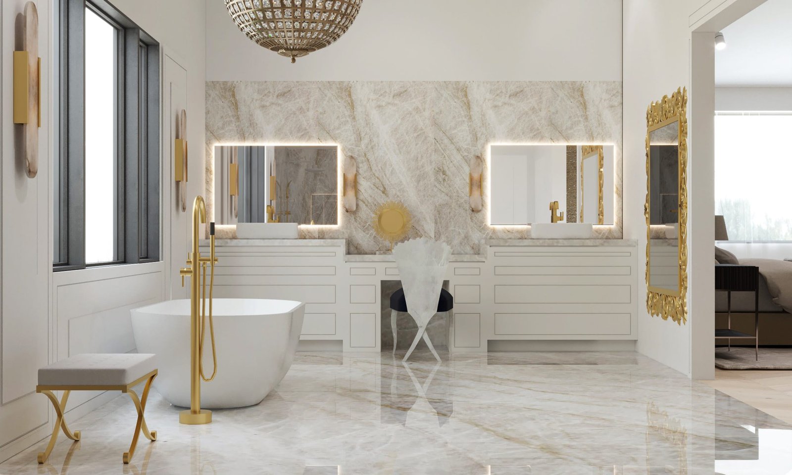 A bathroom with marble walls and floors, a large mirror above the bathtub.