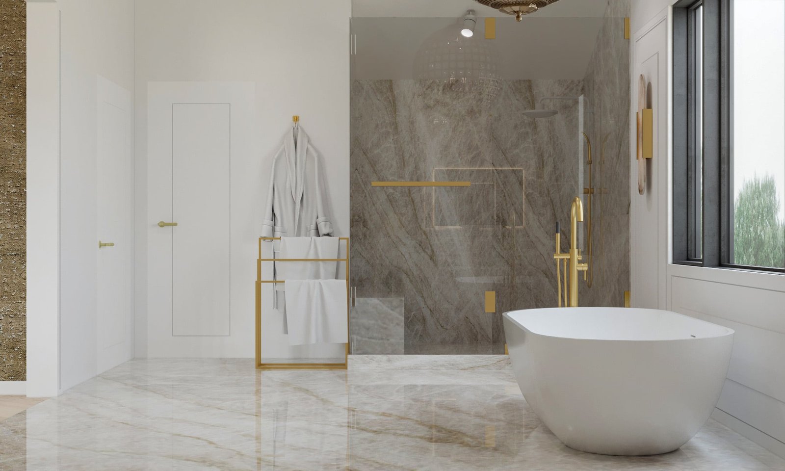 A bathroom with marble floors and walls.