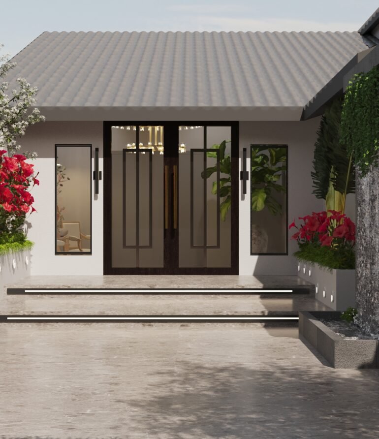 Modern house entrance with iron and glass front doors | Karamia Designs