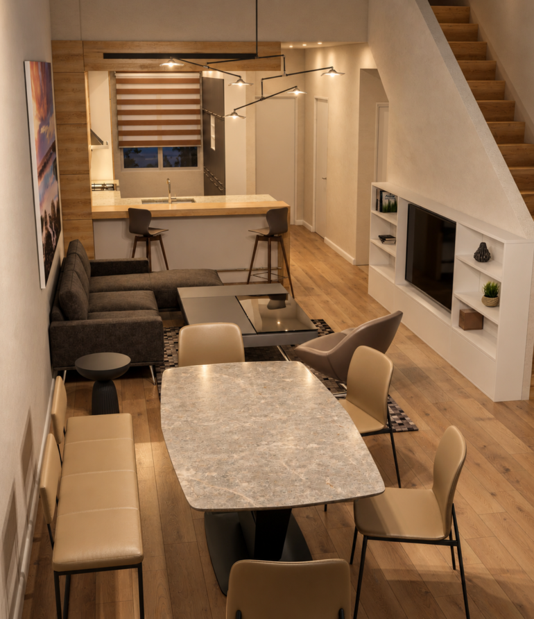 Modern three-story duplex in Huntington Beach by Karamia Designs, featuring a Poggenpohl kitchen, Scandinavian BoConcept furniture, and thoughtfully connected living and dining spaces.