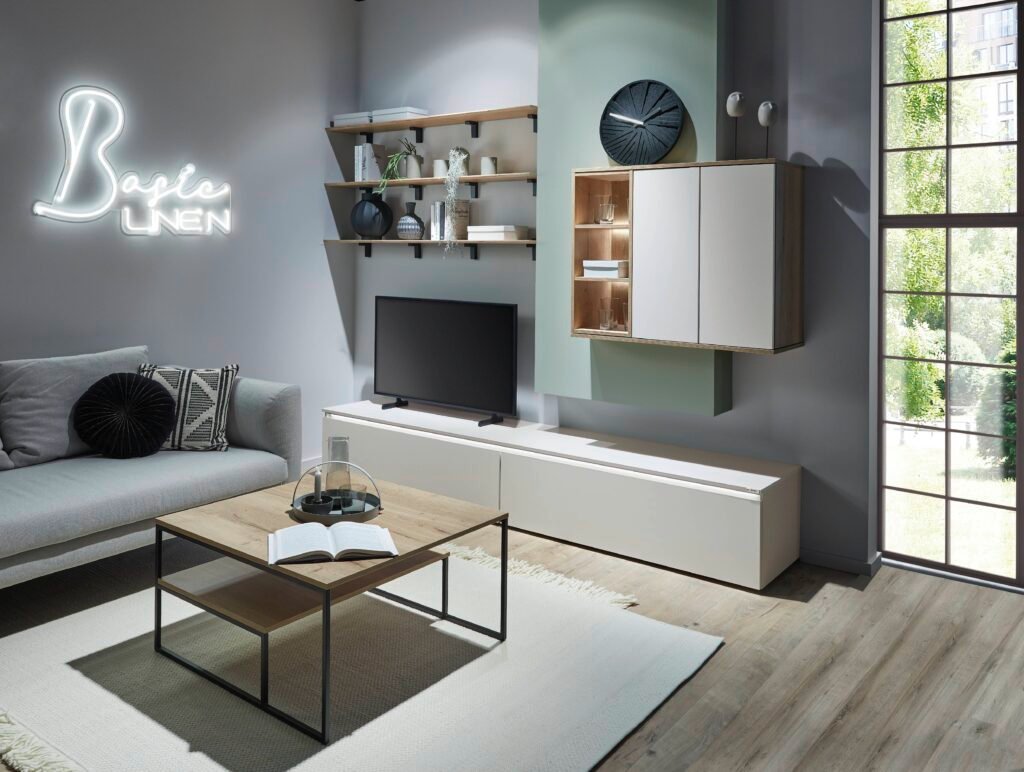 Modern living room with wooden accents.