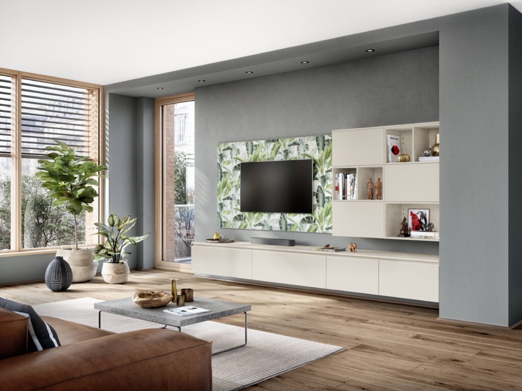 Modern living room with plants and television.