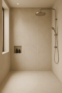 Shower drainage system located close to the shower wall.