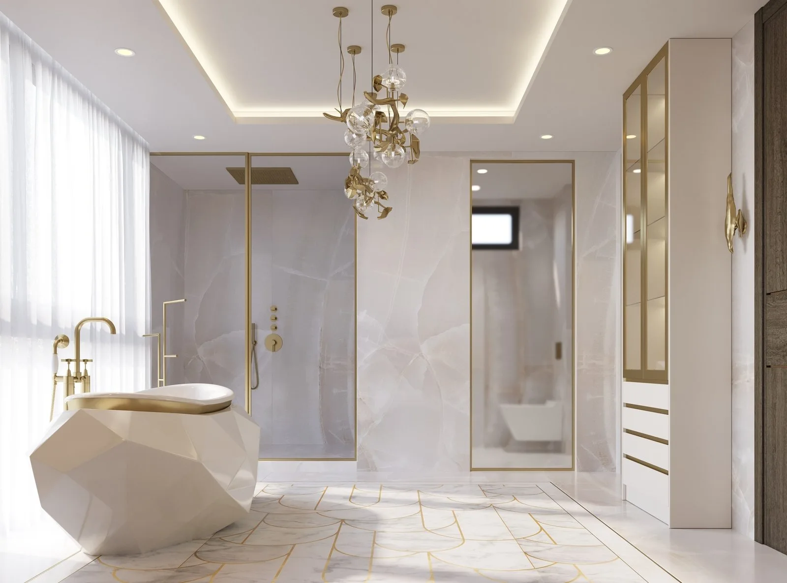 Luxury bathroom with natural marble floors, with a mosaic finish and bronze inlays, add unique and opulent touches. White cabinets with vanity seating elevate the space, while a grand chandelier completes the luxurious ambiance | Karamia Designs