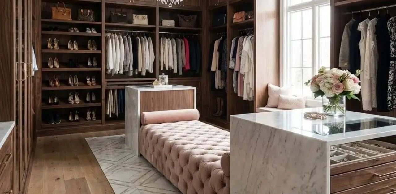 Boutique-style walk-in closet with display shelving and warm lighting in Los Angeles home