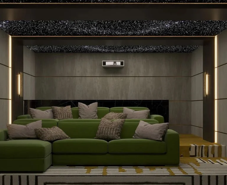 Modern home theater interior design with custom seating and lighting | Karamia Designs