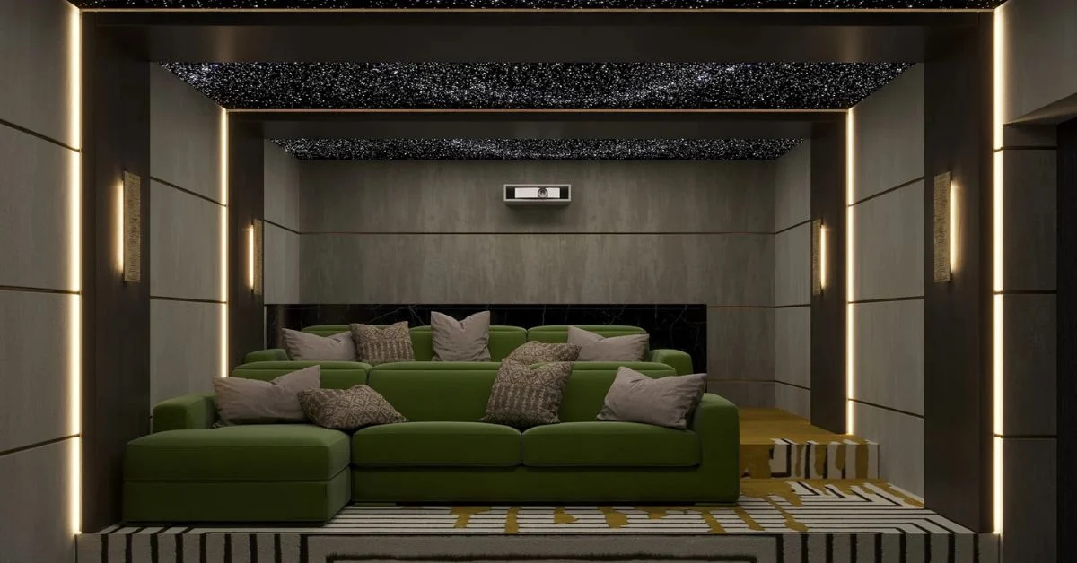 Modern home theater interior design with custom seating and lighting | Karamia Designs