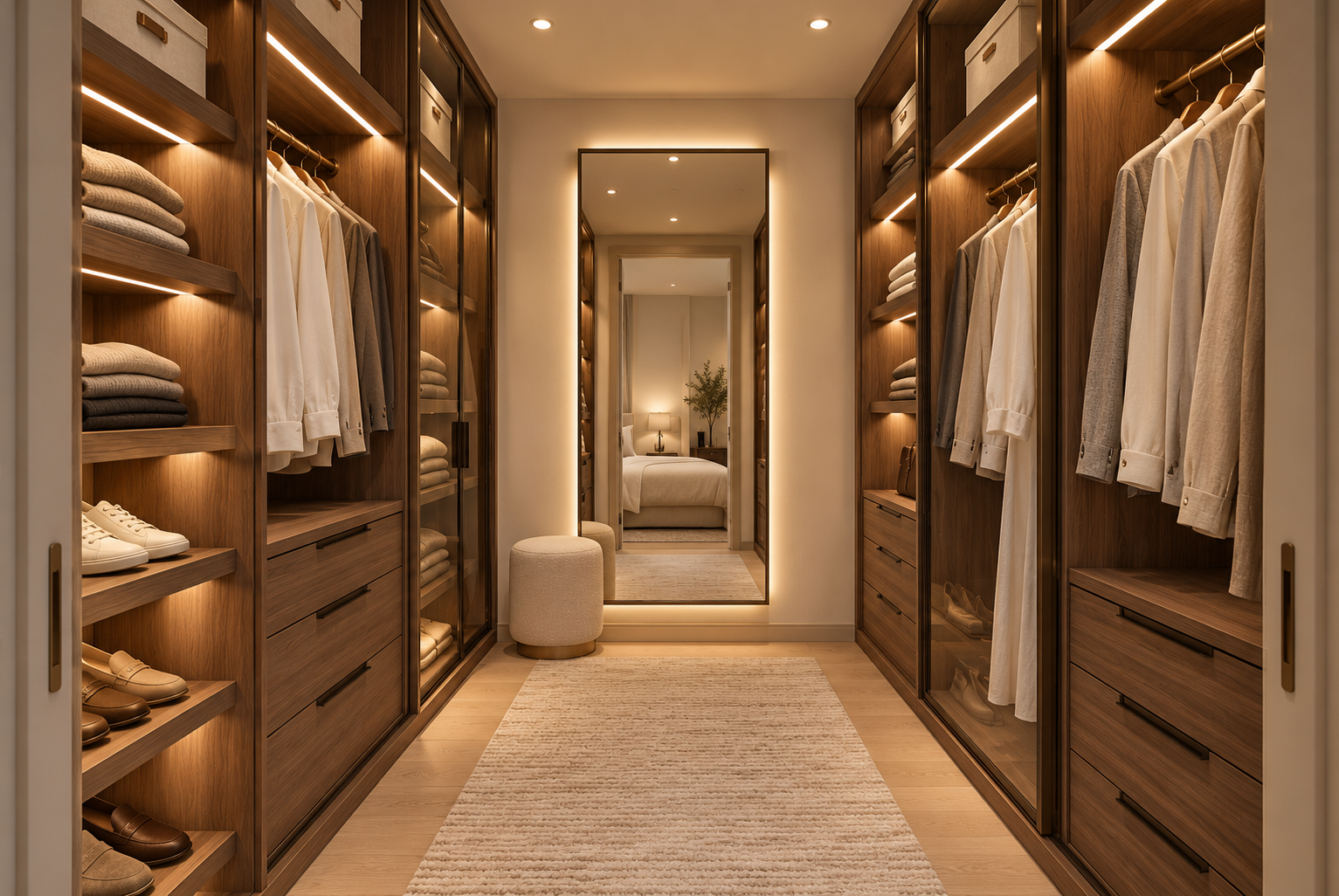 Compact walk-in closet in the Hollywood Hills by Karamia Designs, featuring walnut cabinetry, illuminated shelving, brass hanging rails, and a full-length mirror. Thoughtfully arranged drawers and open storage bring understated luxury to the guest suite.