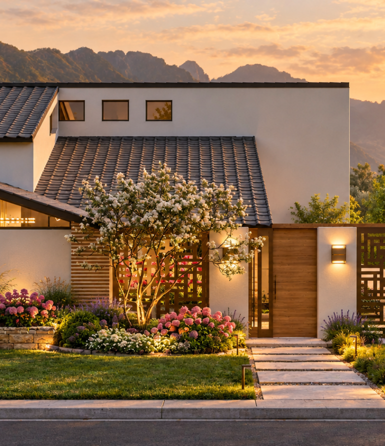 This Porter Ranch estate by Karamia Designs combines sculptural rooflines, warm wood accents, and geometric privacy screens for distinctive curb appeal. Lush flowering gardens, an illuminated stone pathway, and layered landscape lighting complement the modern exterior design, creating an elegant arrival at this luxury residence.
