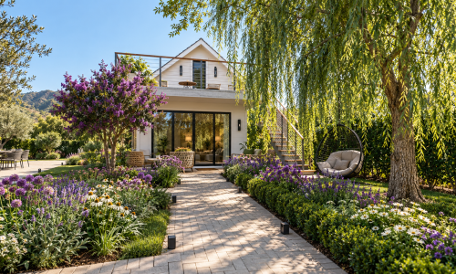 This garage-to-ADU conversion in Arcadia, CA, by Karamia Designs creates a charming garden retreat with an upper terrace, expansive glass doors, and lush landscaping that connects indoor and outdoor living.