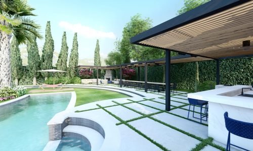 The grand backyard, featuring a large swimming pool, offers a cozy lounge area with a freestanding fireplace and dedicated sunbathing spaces for relaxation after a swim. A private poolside access enhances the tranquil experience. A spacious dining table is ideal for family gatherings, while the well-equipped BBQ area includes a grill, tandoori oven, and pizza oven for versatile cooking. The entertainment bar area, complete with a large screen, adds a sports bar vibe, perfect for hosting and enjoying outdoor leisure.