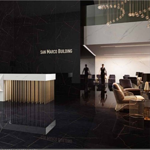 The luxurious foyer showcases an exquisite design featuring the elegant and sophisticated Black Beauty SinterClad porcelain slabs. The smooth and lustrous surface of the slabs adds a touch of opulence and refinement to the space. The foyer exudes a sense of glamour with its sleek and modern aesthetic, enhanced by the choice of materials.