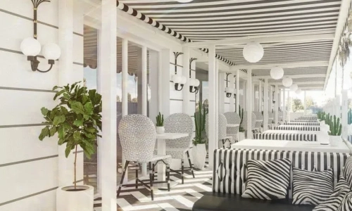 English Art Deco café interior design with decorative details at Shangri-La Hotel, Santa Monica, CA | Karamia Designs