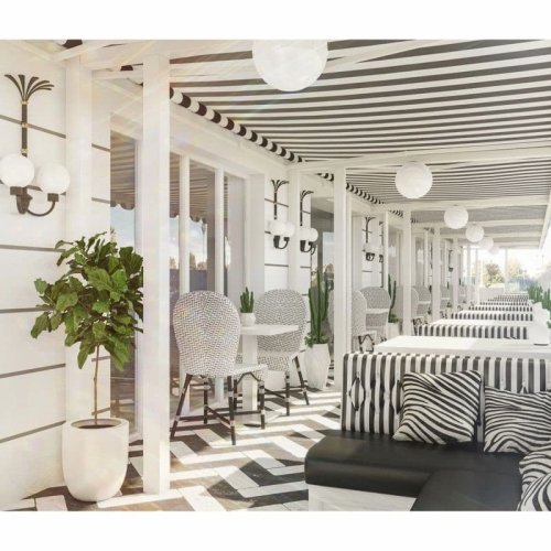 Cafe in English Art Deco Style for the Historical Shangri-La Hotel in Santa Monica