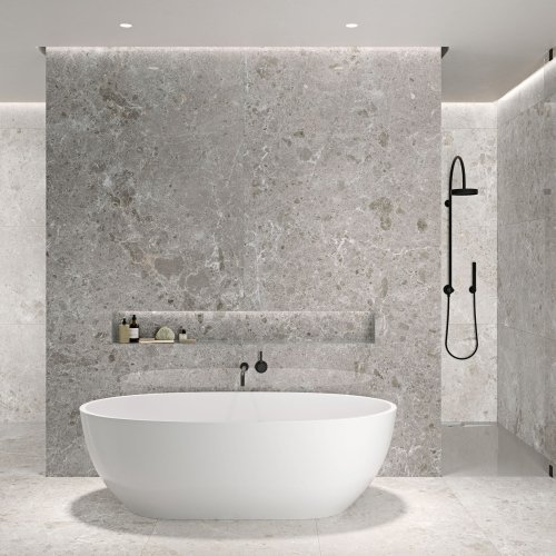 Master Bathroom Featuring a Centrally Positioned Bathtub, Designed with Expansive Imperial Gray Porcelain Slabs