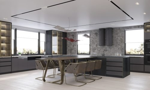 The luxury modern kitchen features state-of-the-art Gaggenau appliances, a grand island, and an extended dining table, all illuminated by sleek modern lighting, creating a sophisticated and functional space.