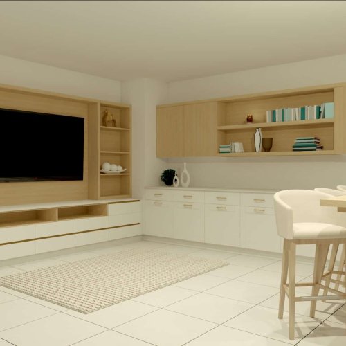 A living room with white tile floors and a tv on the wall.