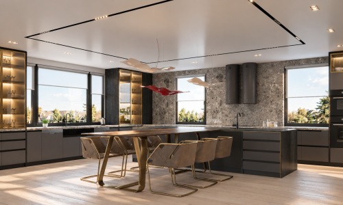 This luxury modern Italian kitchen by Karamia Designs pairs sleek cabinetry with dramatic stone surfaces, illuminated glass displays, and elegant brass accents. Sculptural pendant lighting and an integrated wood dining table create a sophisticated setting for everyday living and effortless entertaining.