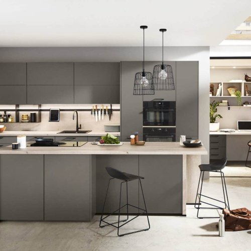 Modern kitchen with workspace and plants.