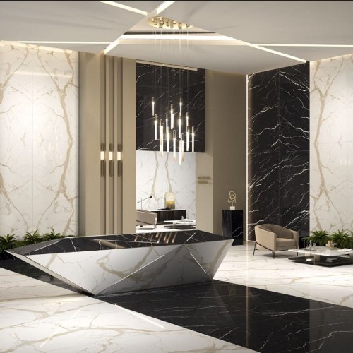 An architectural rendering showcasing the luxurious lobby area of a high-rise building. The focus of the image is on the lobby area, which is adorned with large SinterClad porcelain slabs. The slabs feature a stunning marble-like pattern, adding an element of elegance and sophistication to the space.