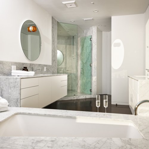 Contemporary master bathroom in the Beverly Crest home