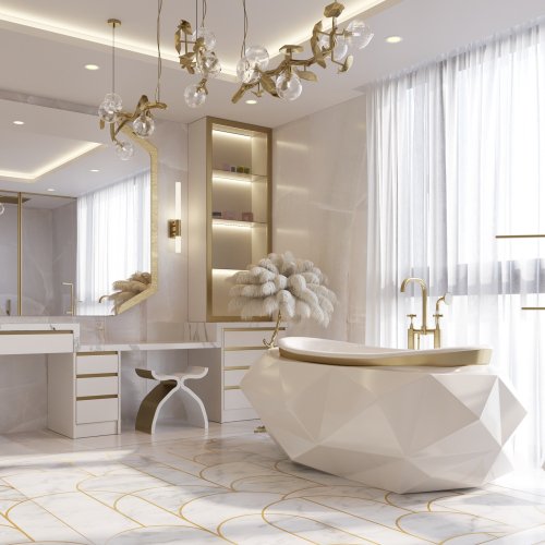 Luxury bathroom featuring a centrally placed bathtub by Boca do Lobo, serving as a striking focal point. The natural marble floors, with a mosaic finish and bronze inlays, add unique and opulent touches. White cabinets with vanity seating elevate the space, while a grand chandelier completes the luxurious ambiance.