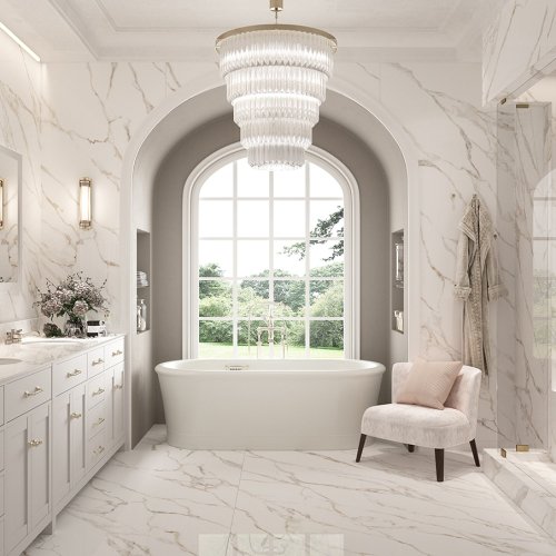 Traditional-style master bathroom featuring a Calacatta Gold porcelain slab bathtub