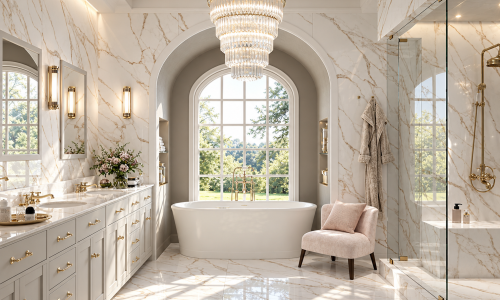 Luxury traditional bathroom design in Newport Beach, CA, by Karamia Designs features elegant marble surfaces, a freestanding soaking tub beneath an arched window, and a sparkling crystal chandelier. A classic double vanity, warm brass fixtures, and a frameless glass shower create a serene retreat with timeless sophistication.