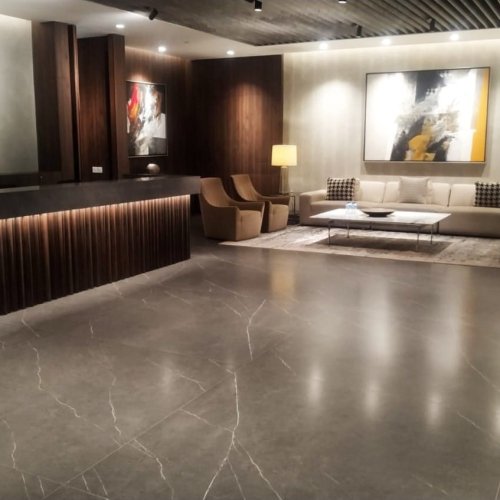Designed with Persia Grigio Natural Sinterclad Porcelain Slabs