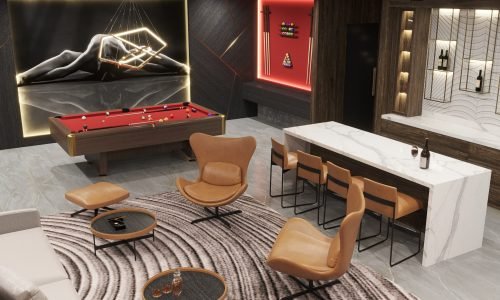 A room with a pool table and chairs