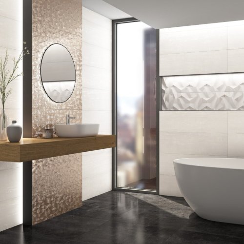 Transitional-style luxury master bathroom design featuring elegant porcelain slabs and a stunning iron tub