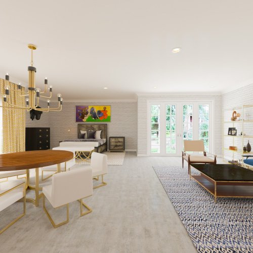 A Large Garage was converted into a Living Space with dining and living room with art